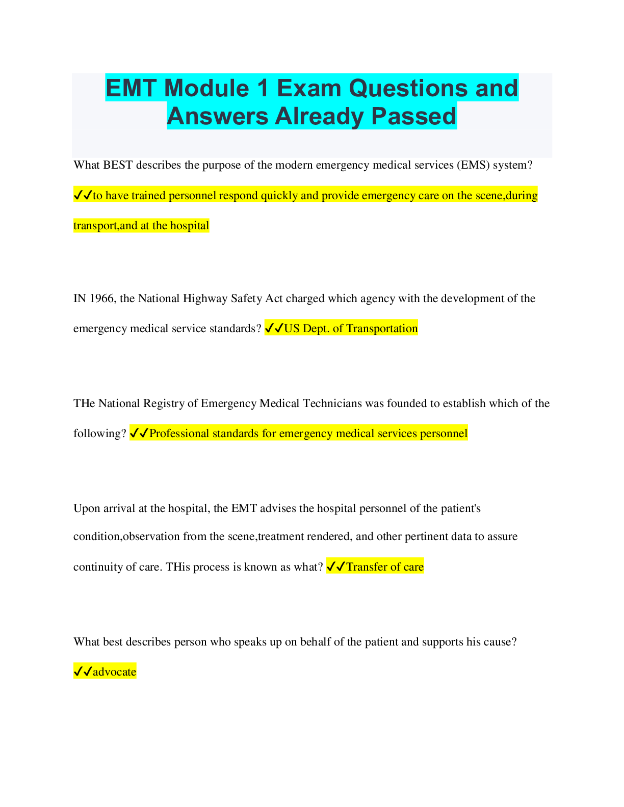 EMT Module 1 Exam_Emergency Medical Technician_Paramedic. Questions and Answers Already Passed